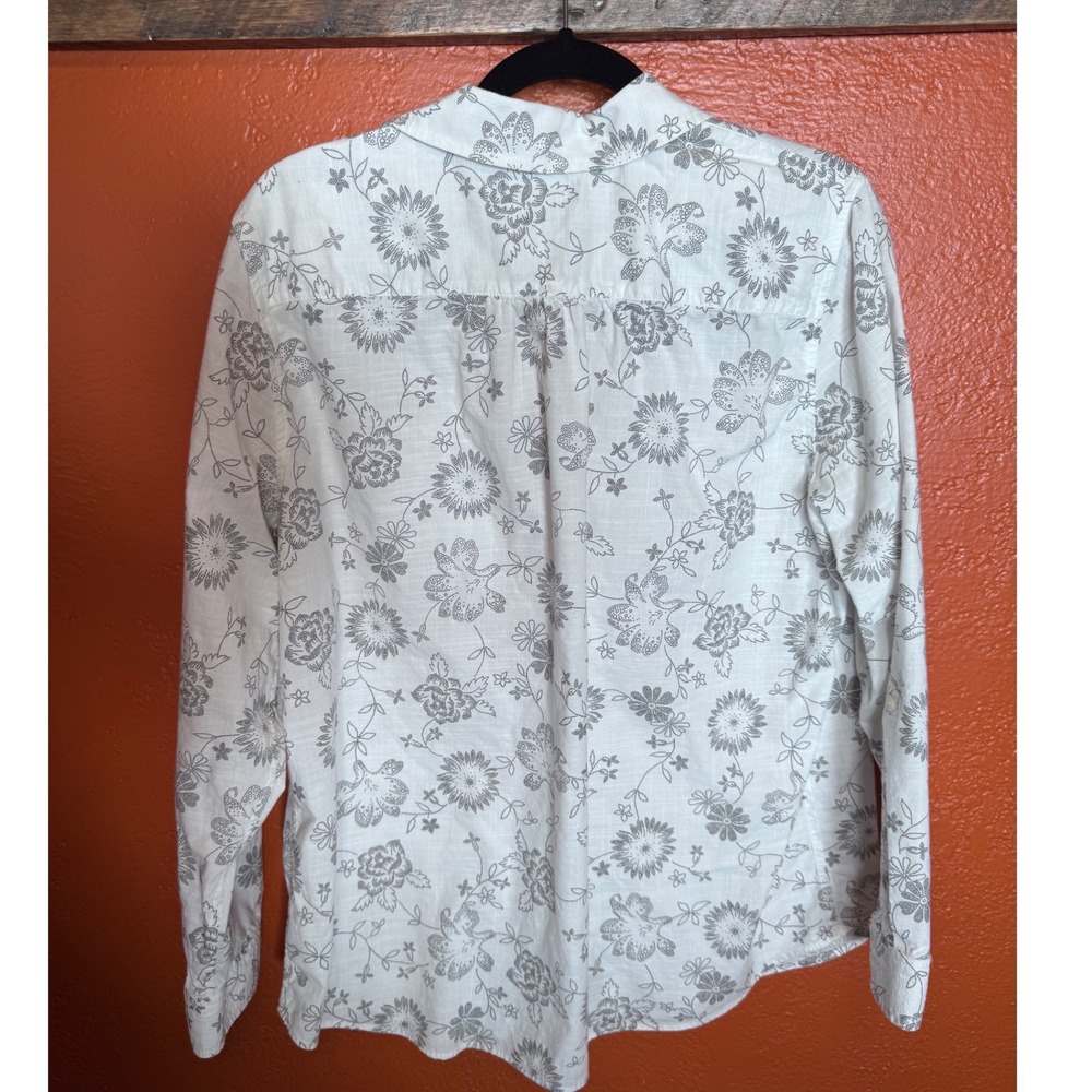 Lands End Womens White Grey Floral Cotton Roll Tab Button Down Shirt Large 14-16 - Picture 4 of 9